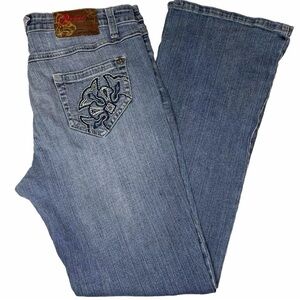 REHAB JEANS Womens Size 12 Flare Leg Blue Denim Embroidered Pockets Y2K Wide Leg